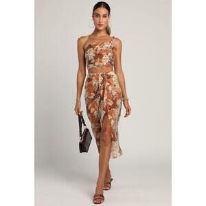 Lulus Something Wild Brown Multi Print Twist-front Midi Skirt - Size XL